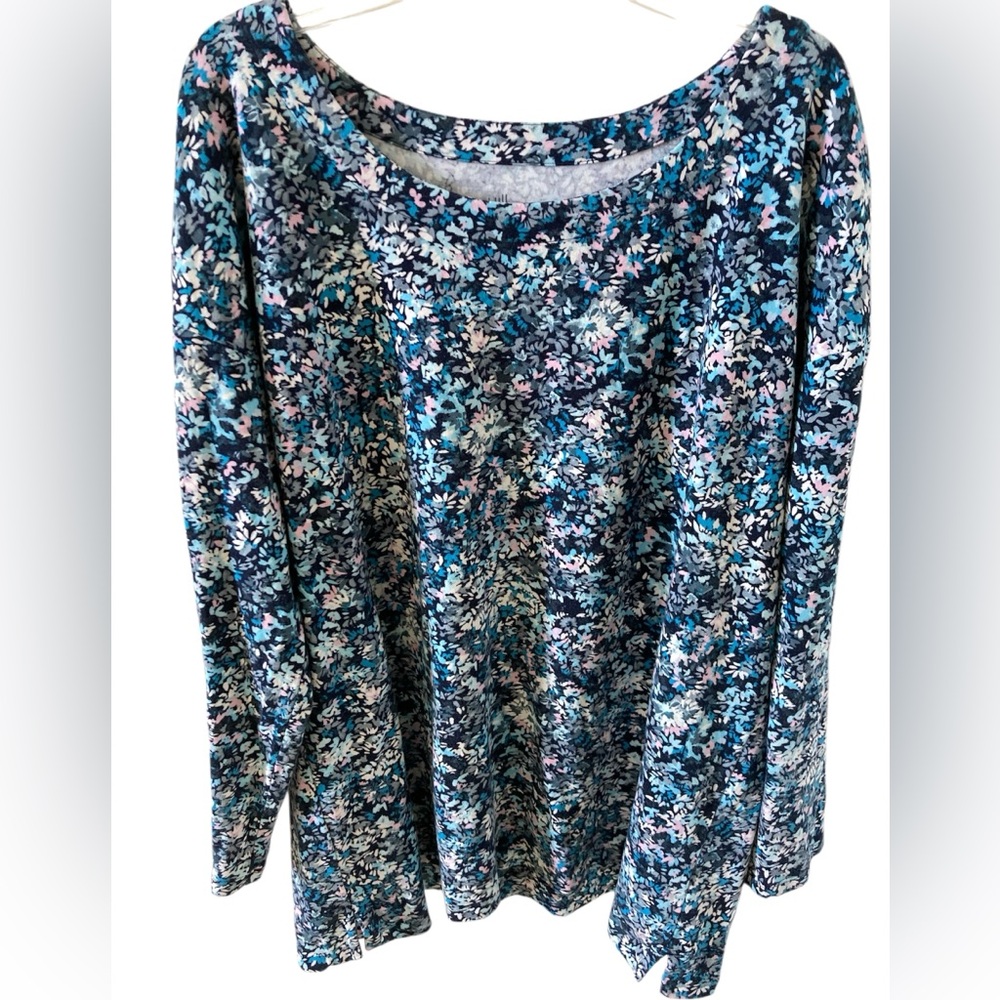 J Jill Simply Supima Cotton Scoop Neck Tunic Top Blue Floral M